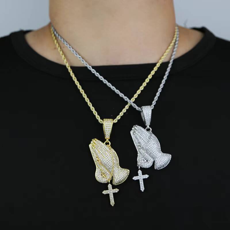 High Quality Micro Paved moissaniteVVSiaHip Hop Praying Hand Pendant with Dangle Cross Gold Plated Mens Necklace