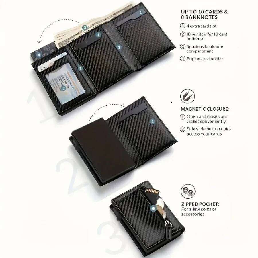 Men's with Zipper Coin Purse Automatic Pop-up Metal Credit Holder Minimalist RFID Blocking Business Card Wallet Idea