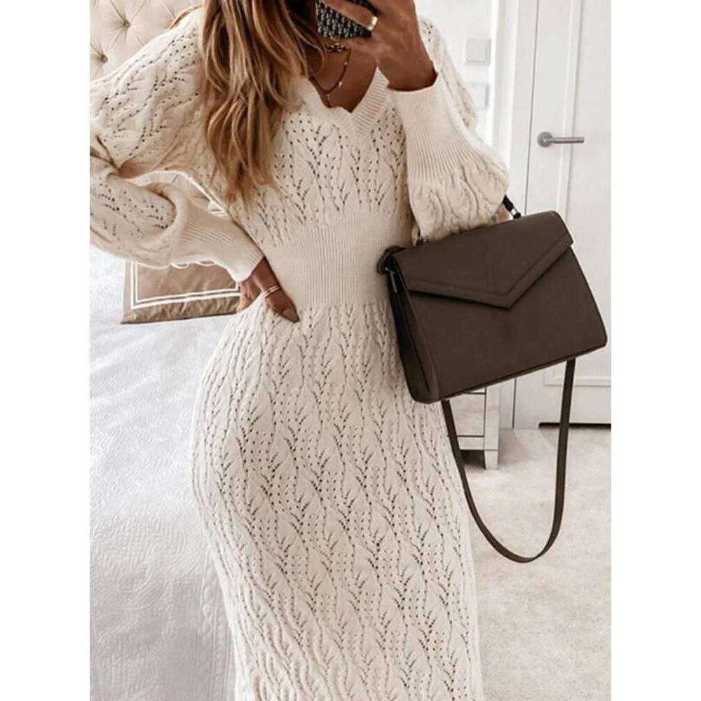 Autumn Women's New Warm Sleeved Knitted Shirt Sexy Slim Fit Hollow Out Hip Hugging Casual Comfortable Long Skirt C260312