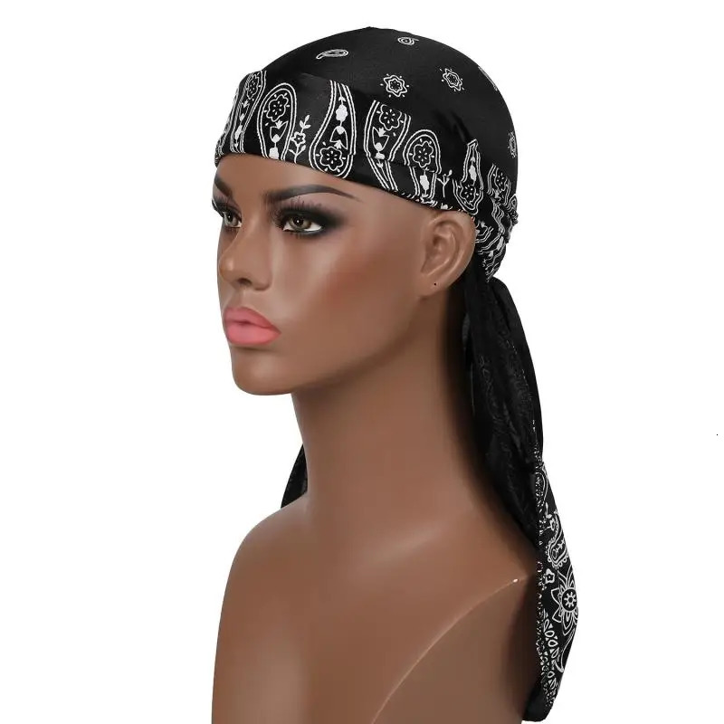 Satin Floral Printed Headband Scarves for Women Hair Accessories Mens Doo Rag Durag Long Tail Cap Bandana Turban Unisex Headwear 260304