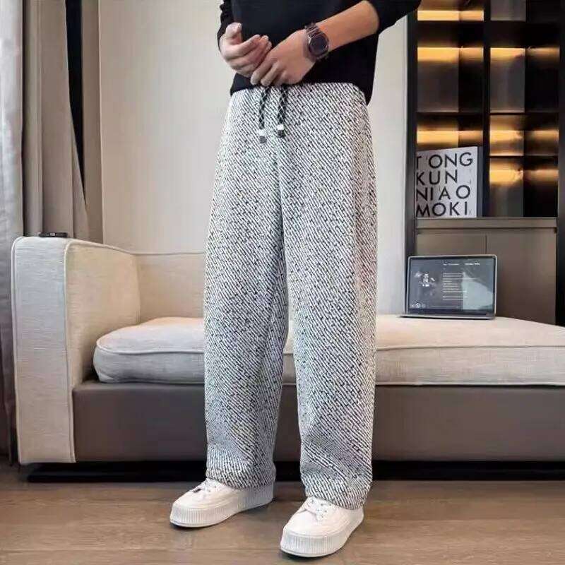 Autumn Winter Loose Men's Sherpa Fabric Straight Pants Man Fashion Thick Pockets Trousers Solid Color Male Clothes