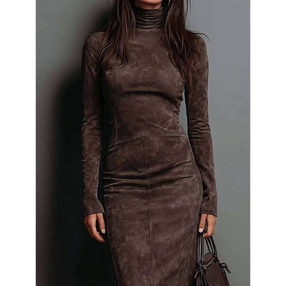 Women Holiday Long Sleeve Sheath Autumn Winter Solid Patchwork Chic Party Dress, Simple Elegant Turtleneck Ladies Dress C260312