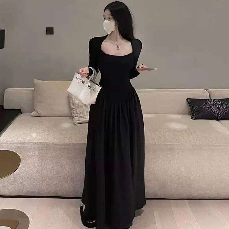 Korean Fashion High Waist Long Ladies Sexy Slim Low-Cut Square Collar Black Dresses Women Elegant Spliced A-Line Dress C260312