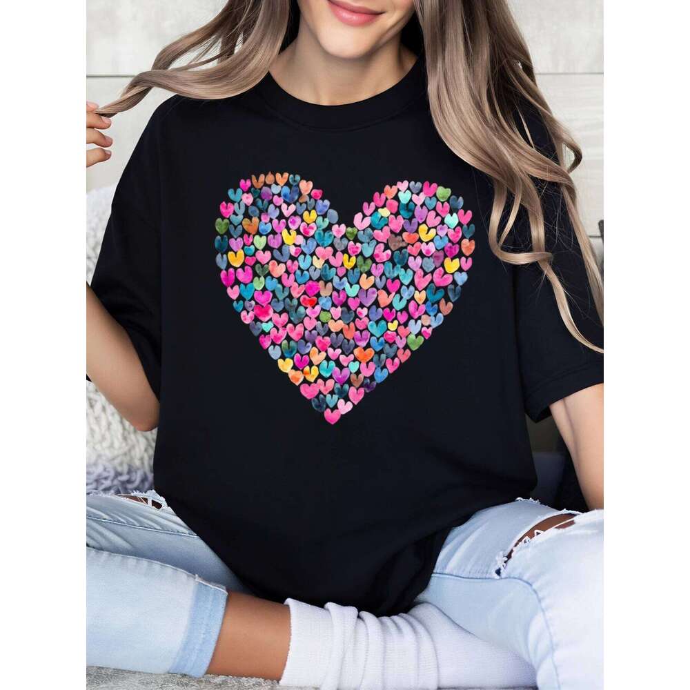 Colorful Hearts Pattern Valentine's Day T-Shirt Women's Casual Wear Black Plus-Size Z260312
