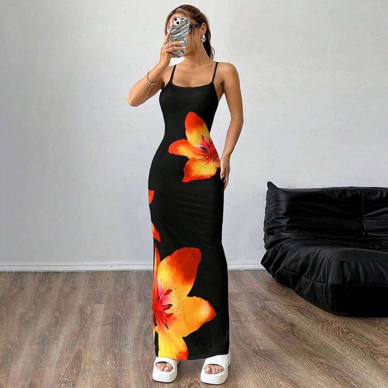 Women Summer Spaghetti Strap Casual Floral Print Bodycon Party Dress for Vacation Cocktail Beach Streetwear C260312
