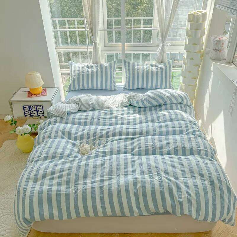 Lightweight Hotel Duvet 4Pcs Blue White Vertical Stripes Ultra Soft Breathable Comforter Cover Bed Sheet Pillowcase H260312