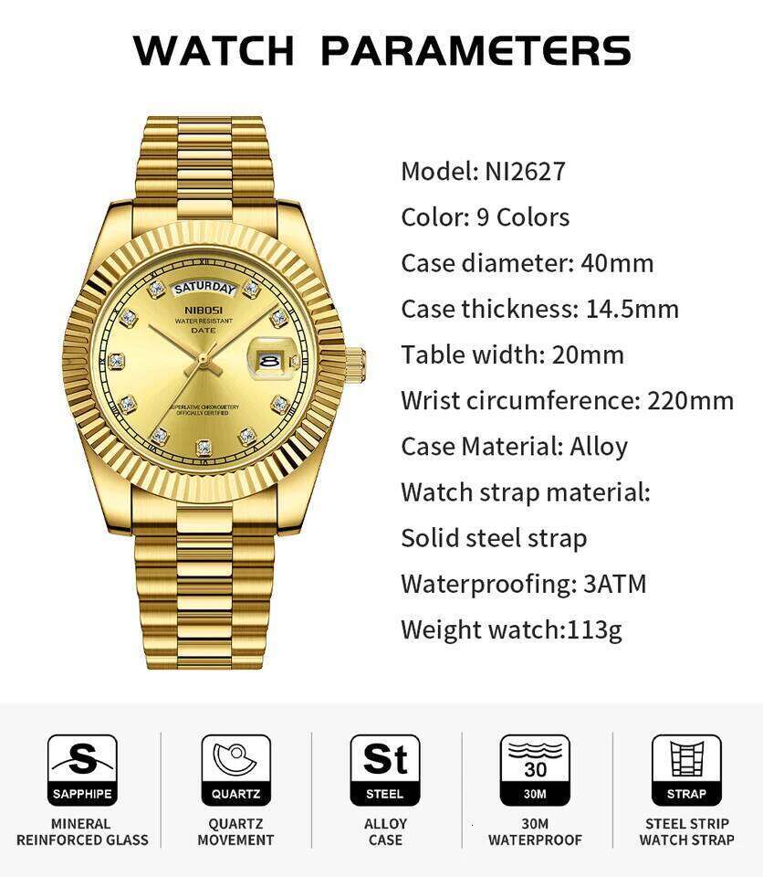 NIBOSI Watches Top Brand Luxury Diamond Classic Men Auto Week Date Waterproof Stainless Steel Watch Relogio Masculino