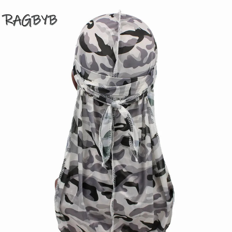 Camo Print Silk Durag Bandanas for Men Silky Durags Long Tail Wave Cap Head Scarf Women Hat Headwrap Durag 260304