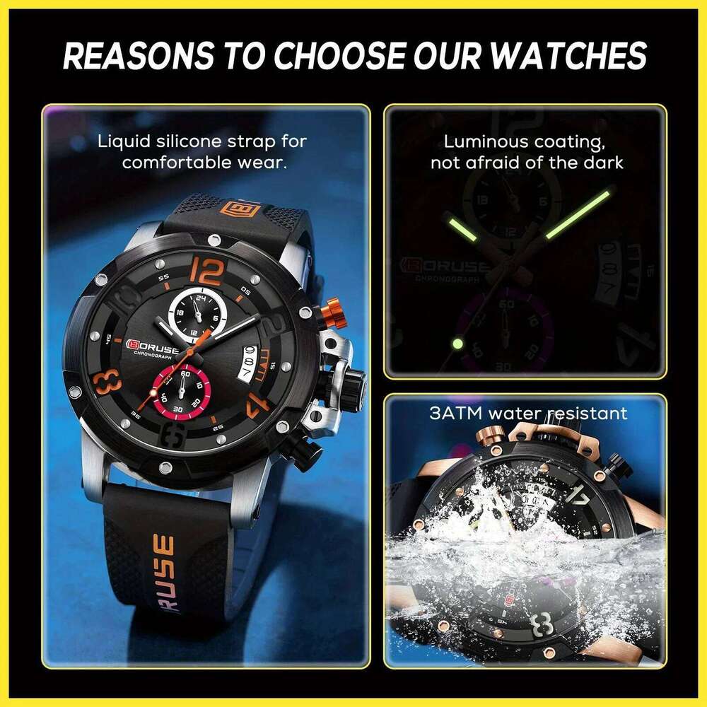 4 PCS SET BORUSE Luxury & Triangle Spearhead Necklace Set, Mens Quartz Waterproof Watches Business Silicone Watch