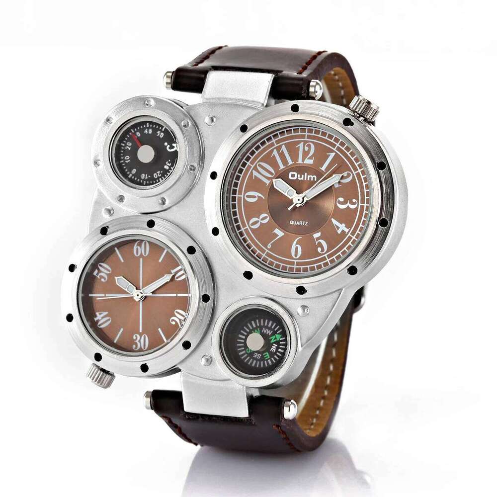 Oulm Fashion Luxury Watch Double Time Zone Large Dial Luminous Leather Strip Men's Quartz Watches relojes para hombre