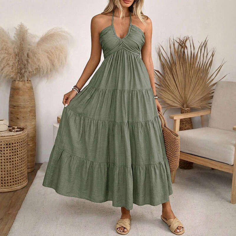 Cross-border European and American 2026 new summer casual ruched backless halter neck strap dress women's clothing