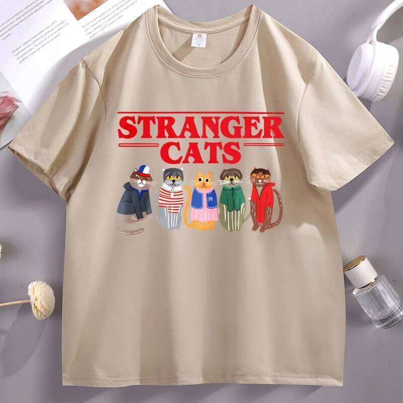 Stranger Cats T-Shirt Funny Printed Cotton Short Sleeve Loose Tee Shirt Soft High Quality O Neck Tshirt Breathable Casual Tops Z260312
