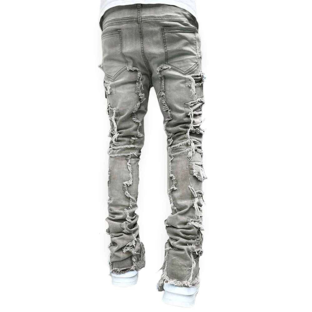 Men Skinny Vintage Patch Frayed Denim Pants Spring Fall Casual Leggings Trousers with Pockets 26Y0312