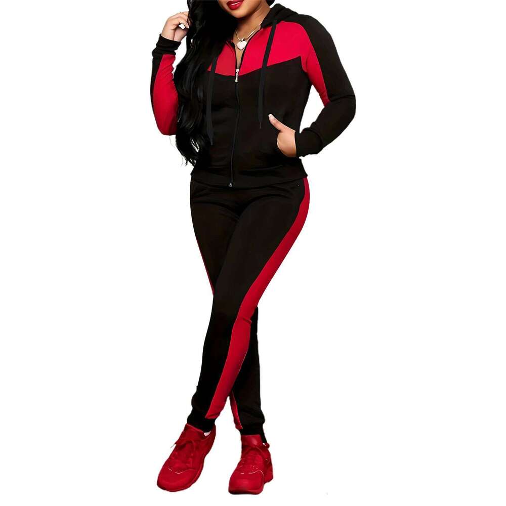 Two-piece Set Women's Colorblock Zip UpHoodie Pocket Pants, Casual Long SleeveHooded Sweatshirt & Jogger Pants for DailyWear, C260312