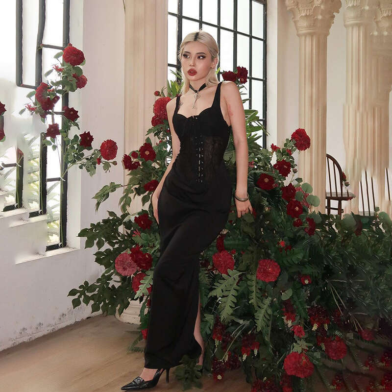 Summer New Sexy Hot Girl Long Elegant Slim Fit Vest Lace Patchwork Tie Dress For Women