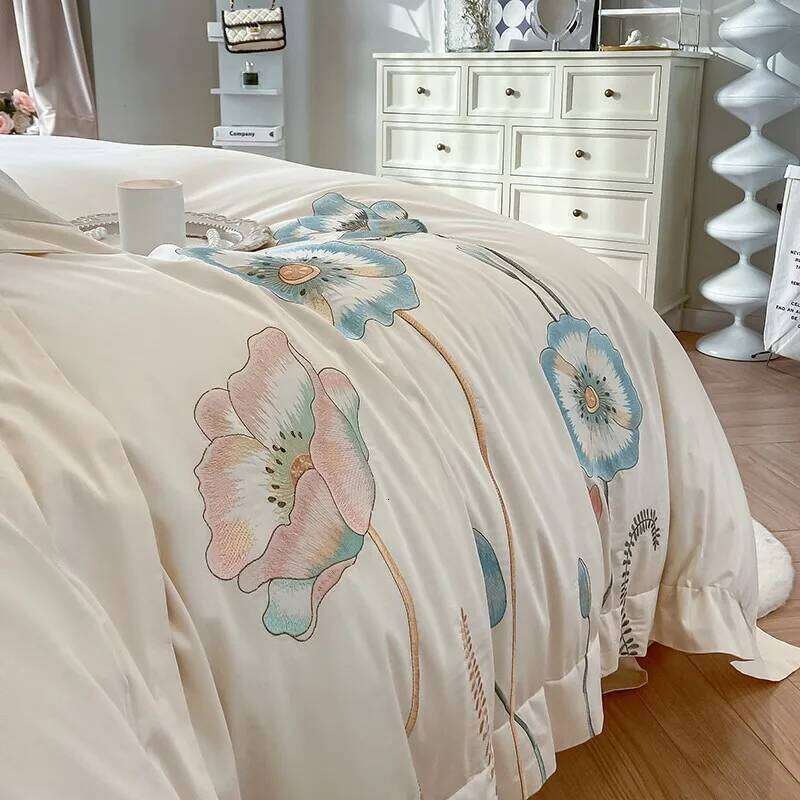 Chic Embroidery Blooming Beige Duvet Cover 100%Cotton Soft Comfy Beddng set Bed Sheet Pillowcases Double Queen King 4Pcs H260312