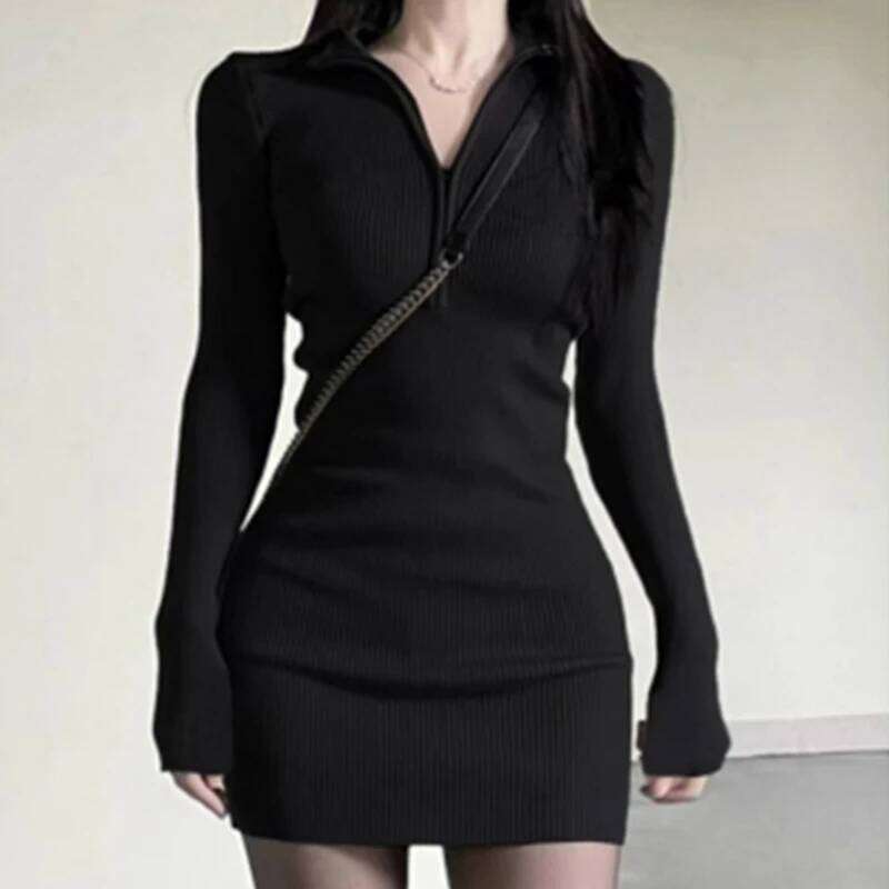 2025 Minimalist Black Ribbed Knit Half Zip Long - Sleeve Bodycon Dress, Women's Daily Elegant Wear C260312