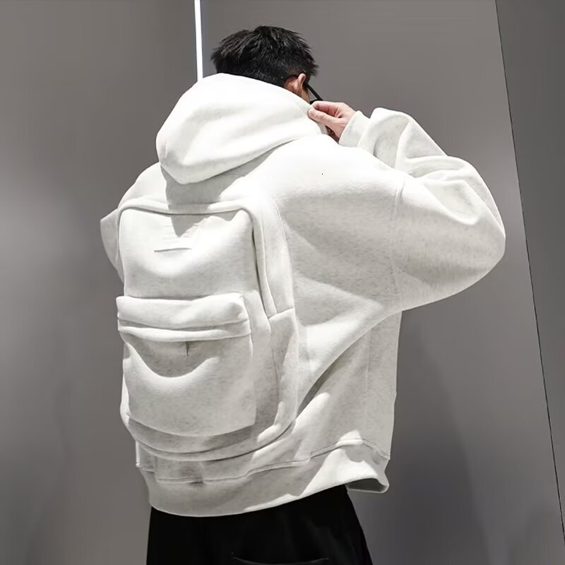 Designer Hoodie White And Gray Three-dimensional Backpack Hooded Sweatshirt For Men Early Autumn Retro Design Jacket Trendy Heavy-duty Top