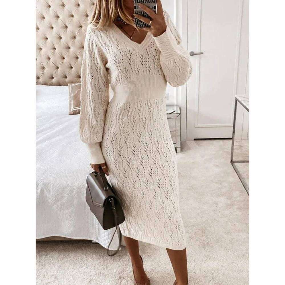 Autumn Women's New Warm Sleeved Knitted Shirt Sexy Slim Fit Hollow Out Hip Hugging Casual Comfortable Long Skirt C260312