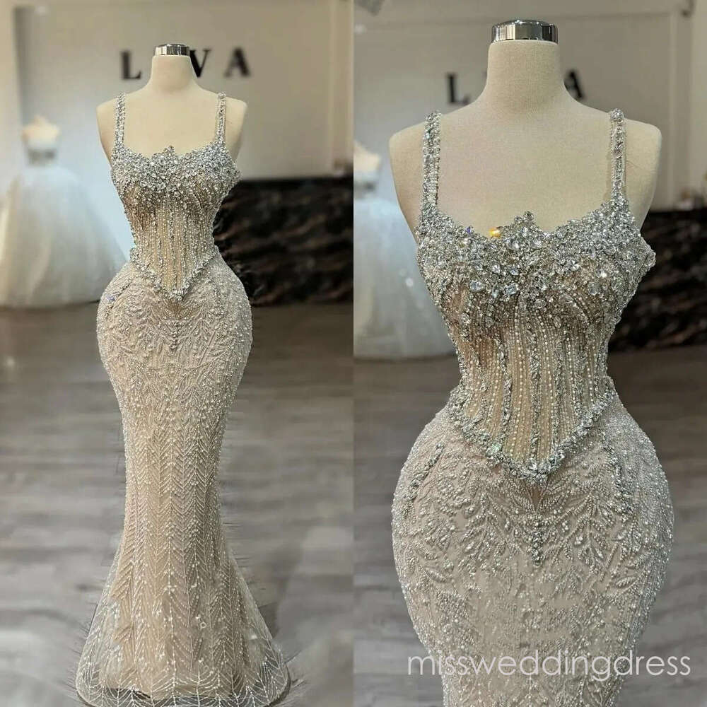 Sparkly Wedding Dresses Crystal Sequins Bridal Gowns Spaghetti Straps Sleeveless Mermaid Princess Customized Vestidos De Novia Plus Size