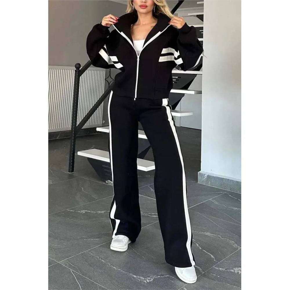 2025 Autumn Winter New Two-piece Set Women's Zipper Striped Loose Jacket Outwear And High Waist Side-striped Pants Sports Sets C260312