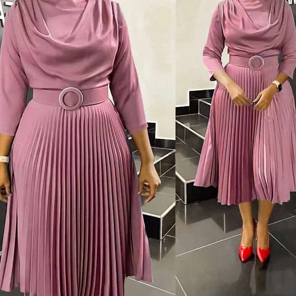 Elegant Office Pleated for Women Professional Round Neck Full Sleeve Belt Waisted Mid Calf Formal Business Work Dress New C260312