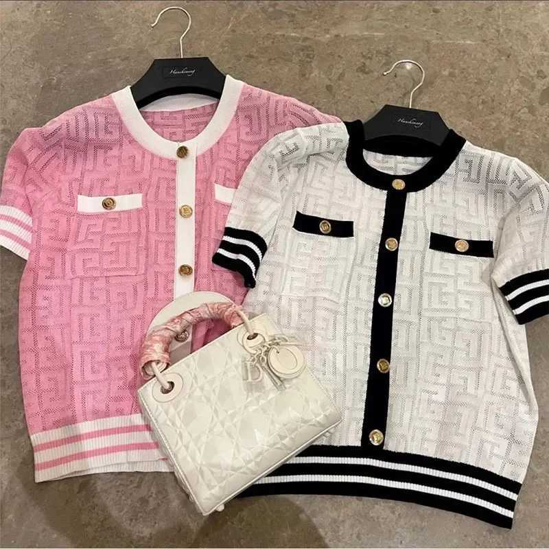 Korean Style Fashion Chic Slim O-neck Knit Tops Summer Women Short Sleeve Hollow Out Chic Geometric Jacquard Thin Pullovers906T260312