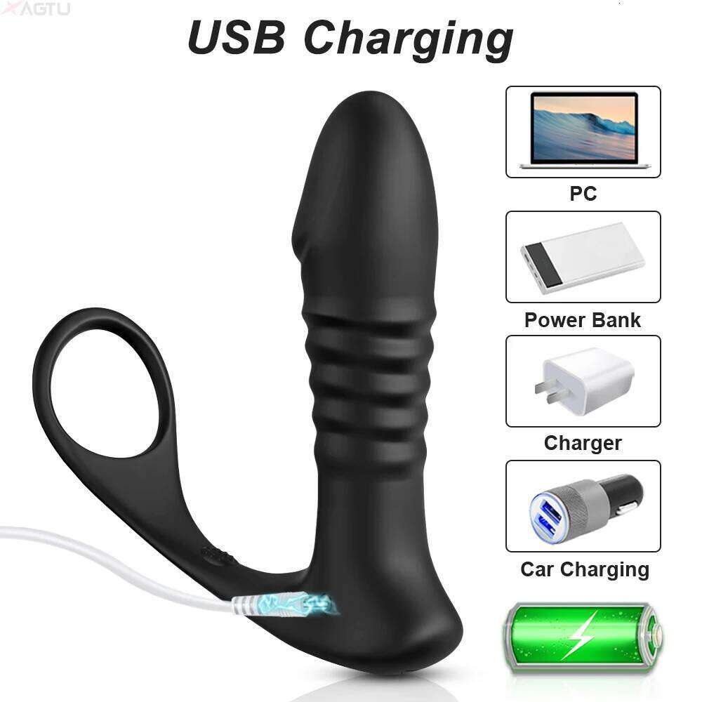 4in1 Thrusting Vibrating Vibrator Prostate Cock Ring Anal Plug G Spot Massager Male Sex Toys for Men Women Couples Z260312