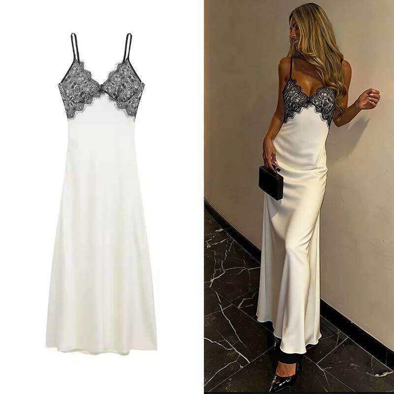 Sexy Women V-neck Satin Sling Long Dress Chic Lace Splice Sleeveless Backless Slim Gowns Summer Elegant Party Dresses C260312