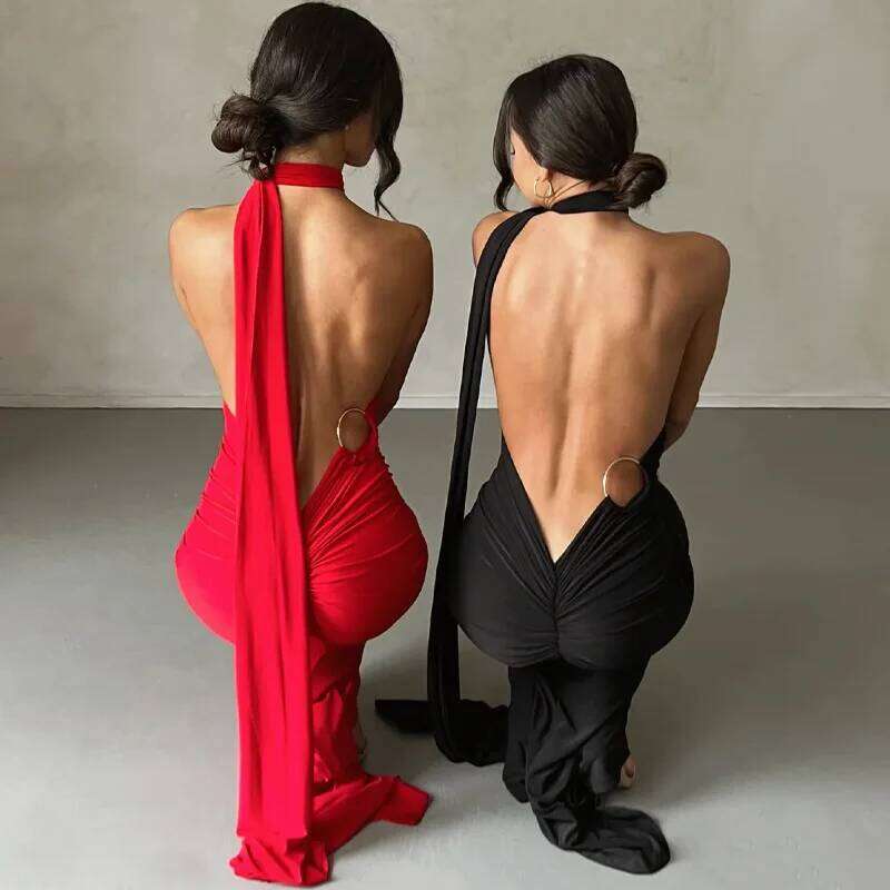 Dulzura One Shoulder Backless Ruched Slim Ribbon Long Women Solid Sexy Elegant Dress Evening Party Club Prom Summer Outfit C260312