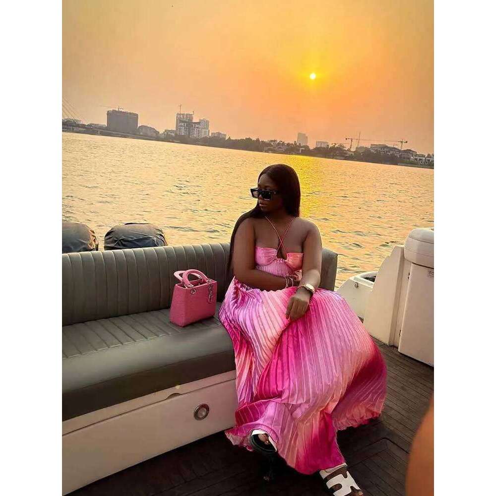 Women's Halter Top Prom Dresses Pleated Elegant Pink Backless Maxi Summer Dress Evening Wear Sexy Outfit C260312
