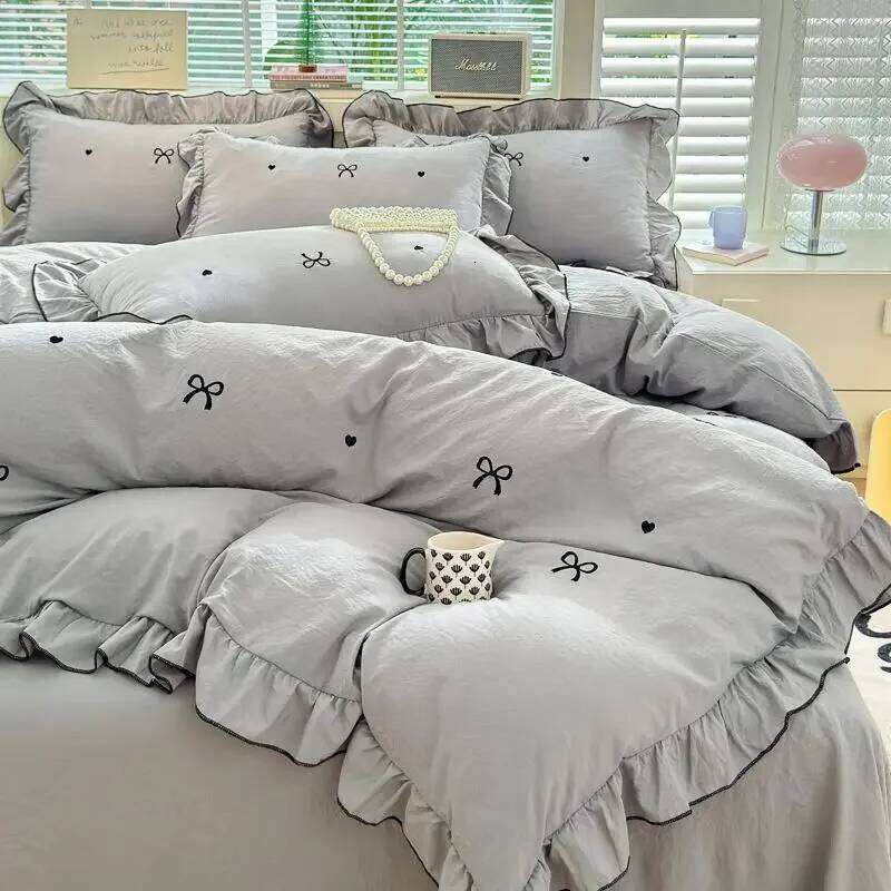 Washed Cotton Embroidered Quilt Cover Bow Heart Sheet Three-piece Bed French Princess Style Lace Four-piece Set H260312