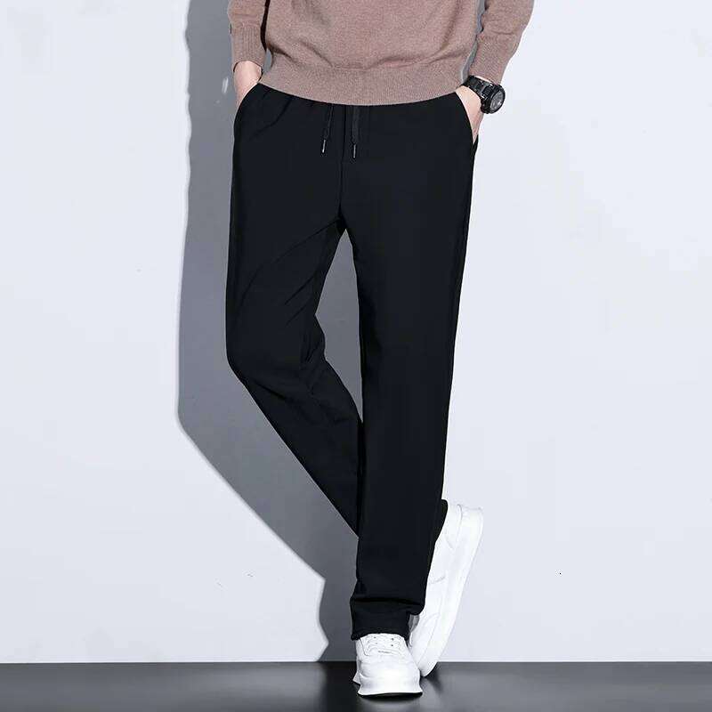 Men's Nylon Fleece Lined Loose Straight Wide Leg Pants Autumn Winter Waterproof Stain Resistant Casual Plus Size 5XL