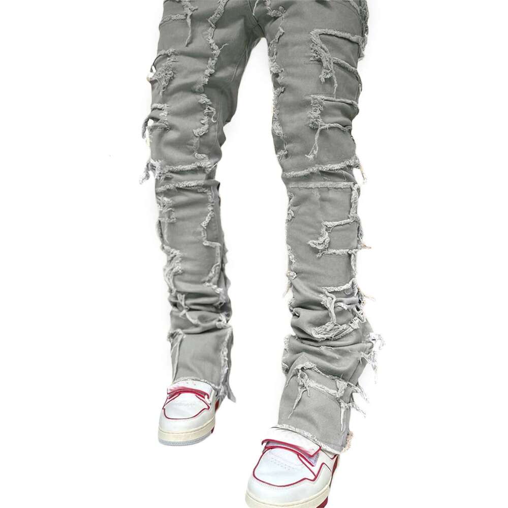 Men Skinny Vintage Patch Frayed Denim Pants Spring Fall Casual Leggings Trousers with Pockets 26Y0312