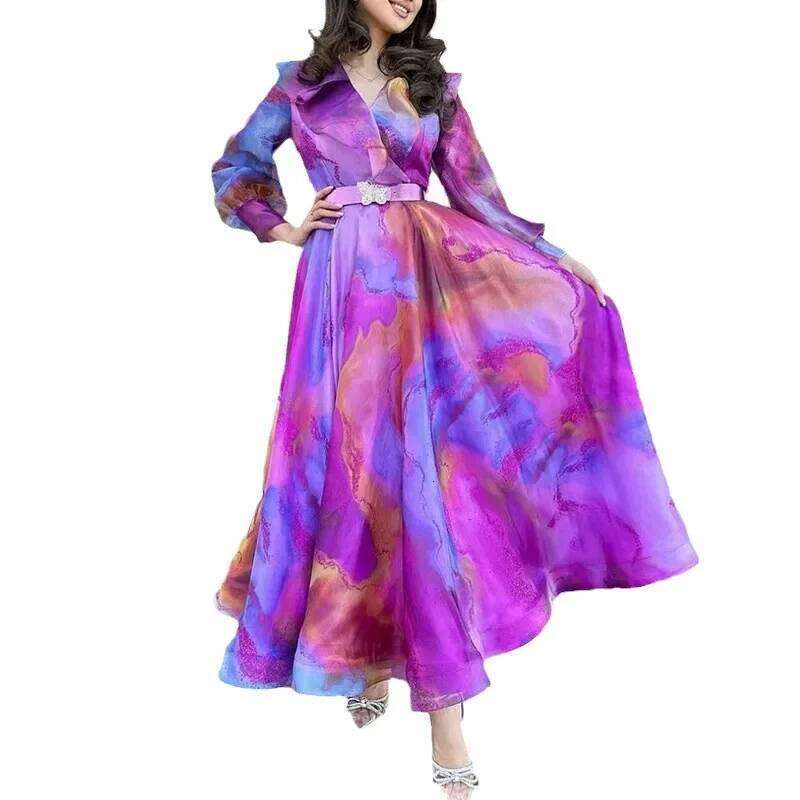 Print Dress Women Long Dresses Full Sleeve Sashes Tight Waist 2024 Autumn Female Temperament Elegant Office Lady Vestidos C260312