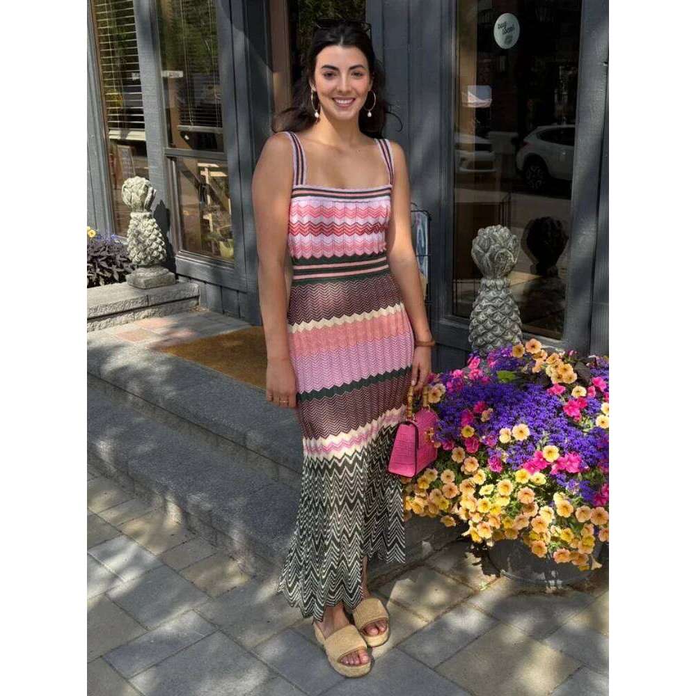 Popular Arab Pink Knit Zigzag Luxury Brand Design Dress For Woman High Quality Africa Bohemia Zig Zag Long Skirt Clothes C260312