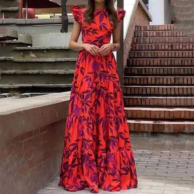 Vacation Women Floral Print Vestidos Summer Women's Fashionable Printed Round Neck Long Ruffle Edge Sexy Hollow Lace Up Dresses C260312