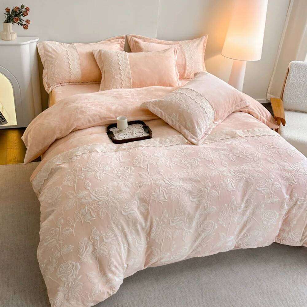 Thickened Carved Milk Velvet Bedding Coral Fleece Winter Warm Four-Piece Set Duvet Cover Pillowcase Bed Sheet Home Textiles H260312 - view 5