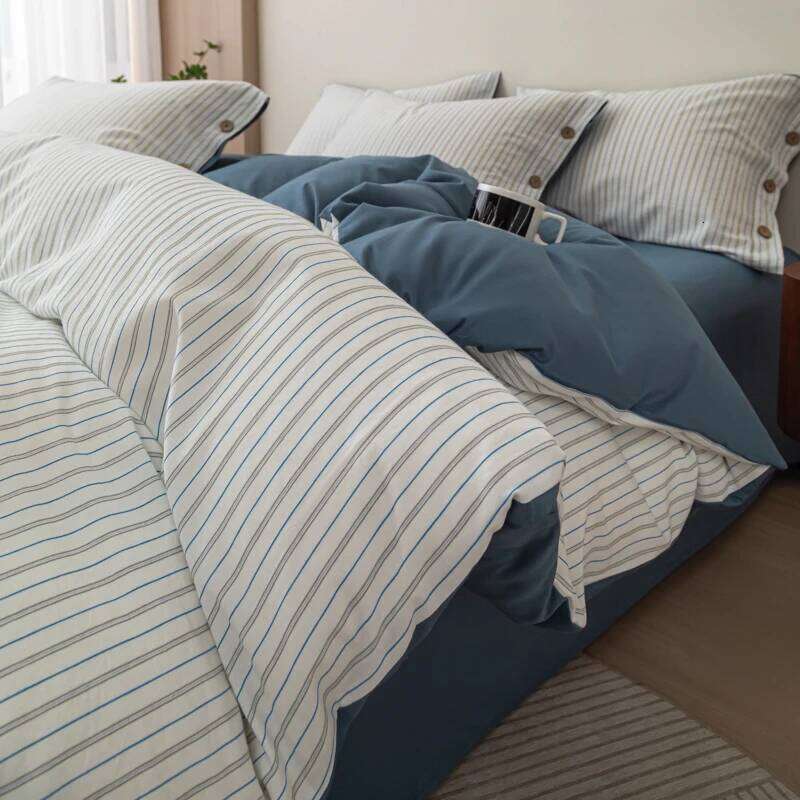 2024 new yarn-dyed small jacquard striped washed cotton simple bedding high-end button bed four-piece set H260312