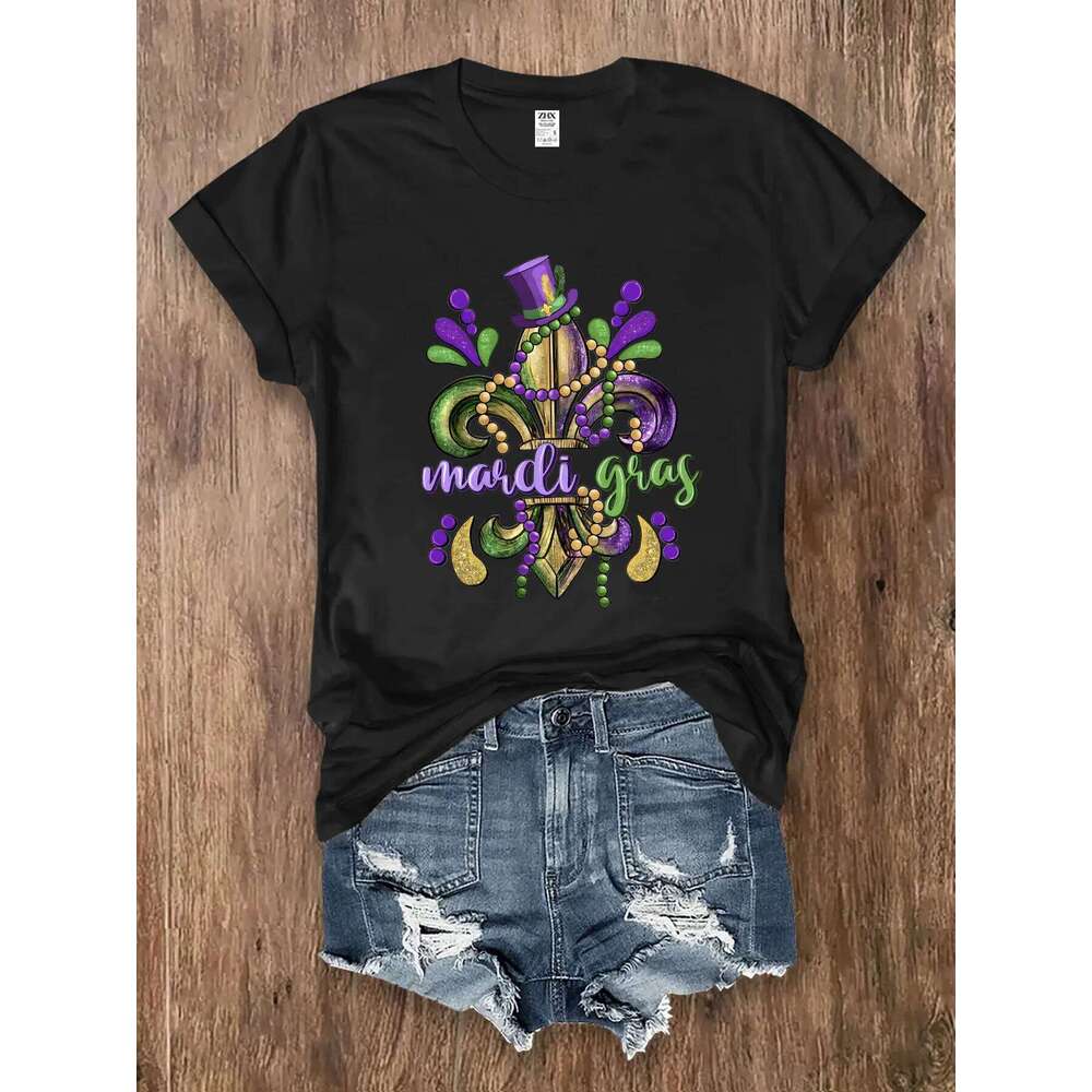 Womens Mardi Gras T Shirt Carnival Golden Fleur De Lis Purple Top Hat Summer Short Sleeve Casual Party Gift Black White Z260312