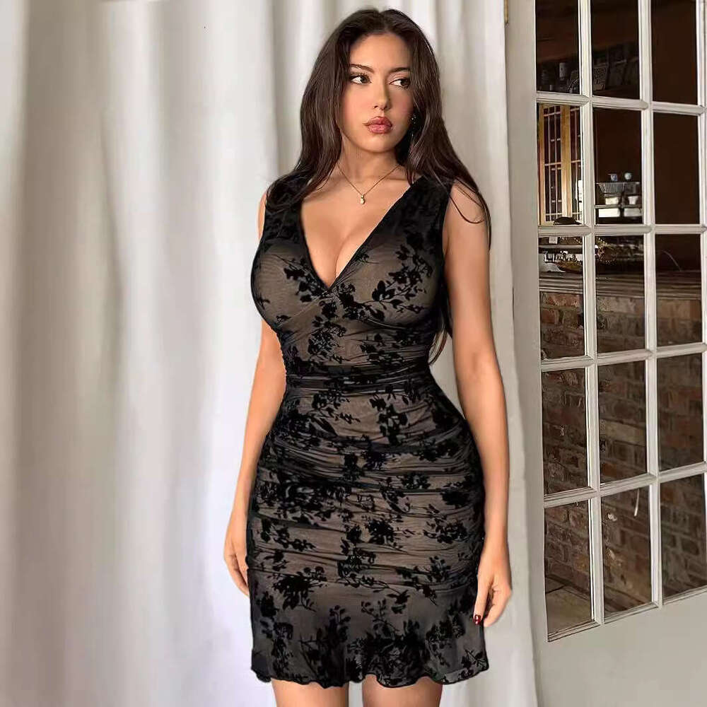 Summer Amazon Women's Elegant Flocked Deep V-Neck Sleeveless Mini Dress With Ruffled Hem Overseas Hot Item