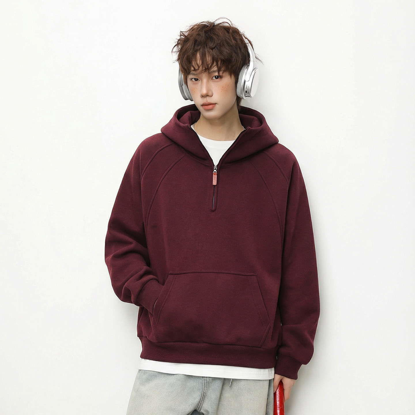 400G Heavyweight Style Half-zip Hoodie For Men Spring Edition Three-dimensional Designer Hoodie Split Solid Color Half-high Collar Hoodie Jacket