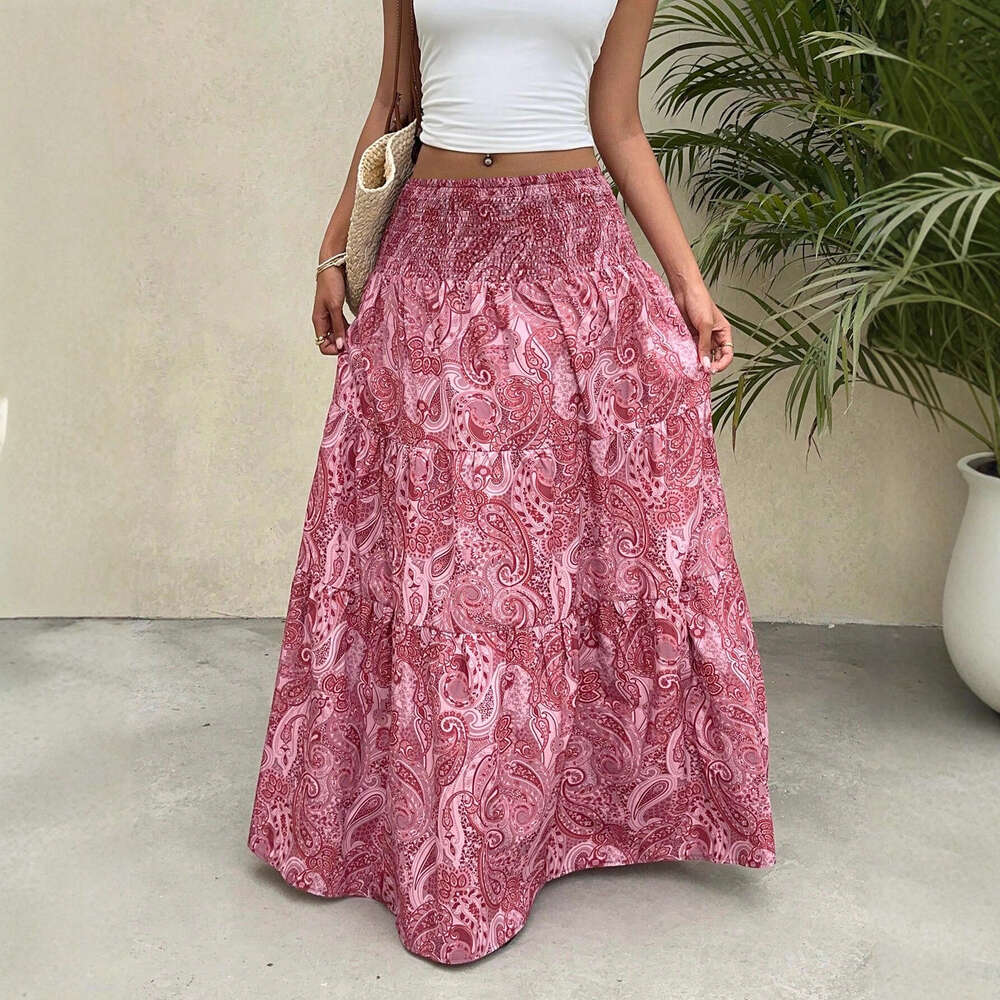 2025 European and American Cross-Border Foreign Trade Vacation Style Elastic Waist Long Skirt