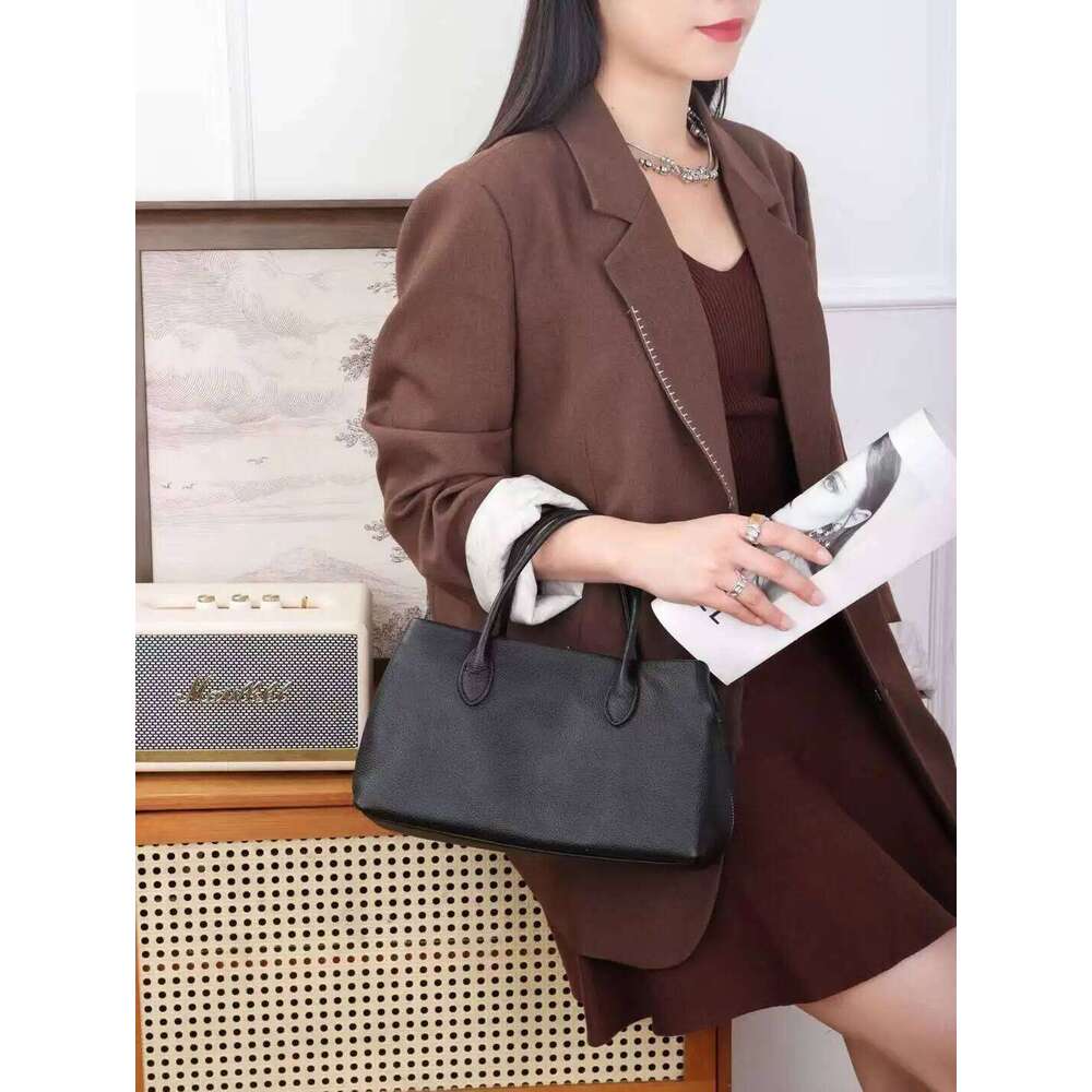 Black Handbag Top Grain Cowhide Leather Soft Multifunctional Women's Fashion Bag With Compartment Organizer