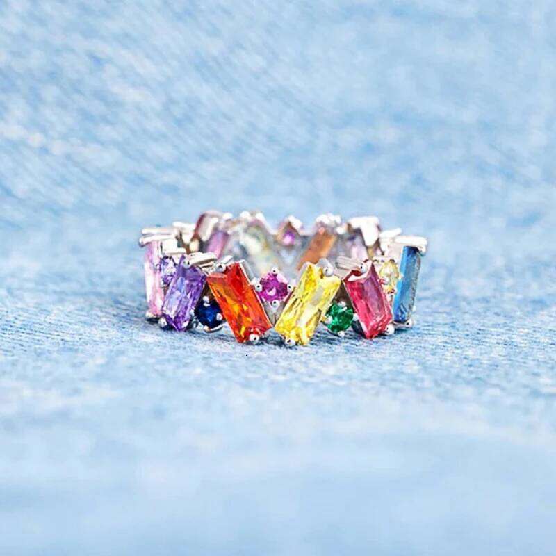 Huitan Irregualr Design Colorful Women Gold Color/Silver Color Geometric CZ Rainbow Rings Trendy Jewelry H260312
