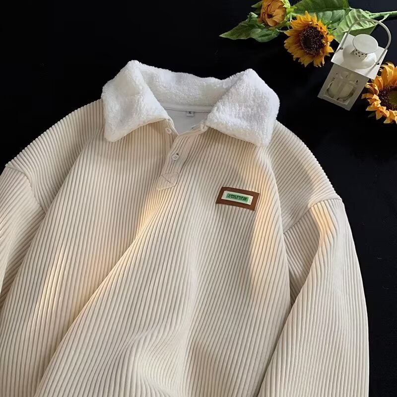 Winter Hong Kong Style Youth Lamb Wool Polo Designer Hoodie Collar Sweatshirt For Men Autumn And Winter Fleece-lined Thick Corduroy Jacket For Men