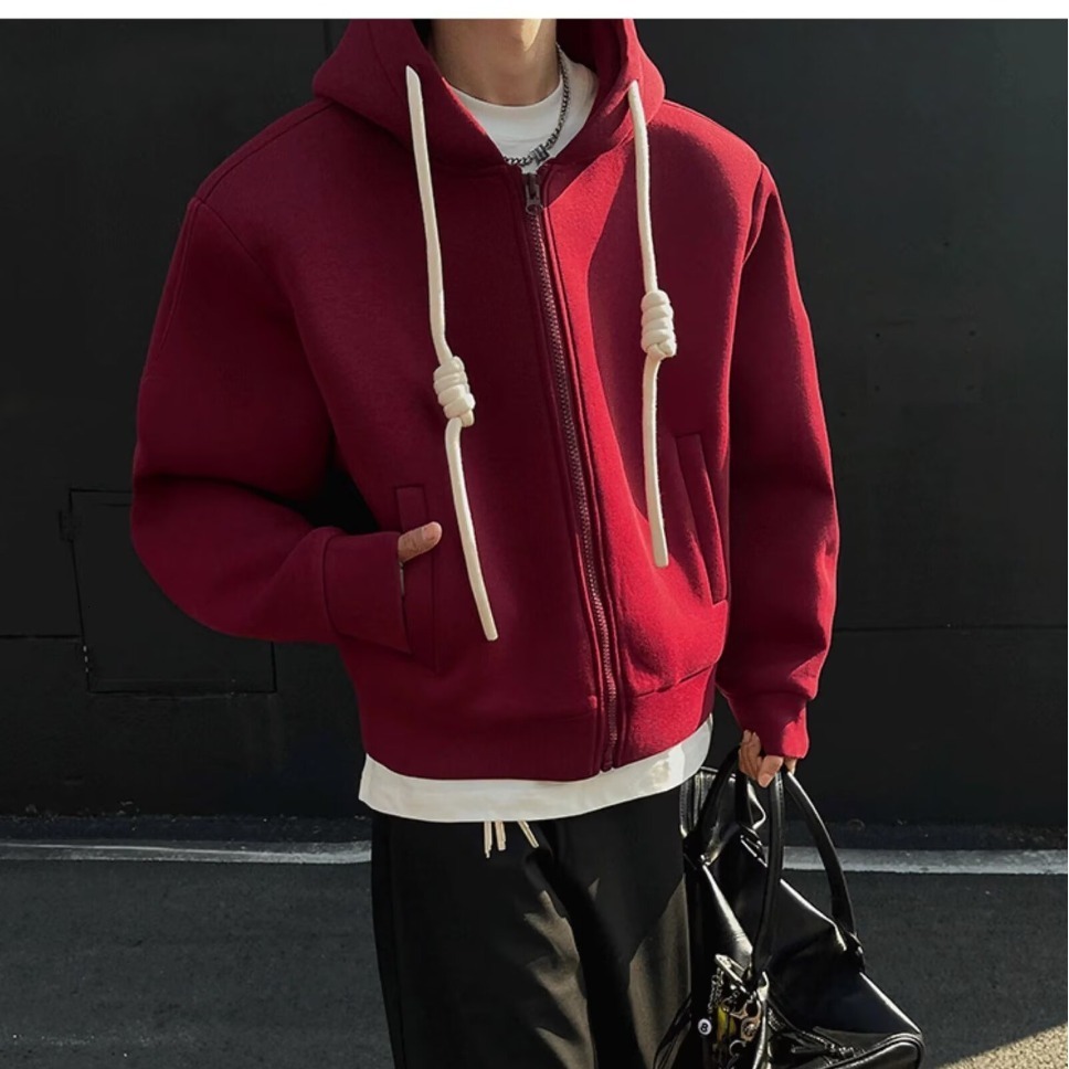 Designer Hoodie Trendy New Year Red Jacket For Men Spring High Street Style Cool Design Couple's Solid Color Cleanfit Cardigan Hooded Sweatshirt