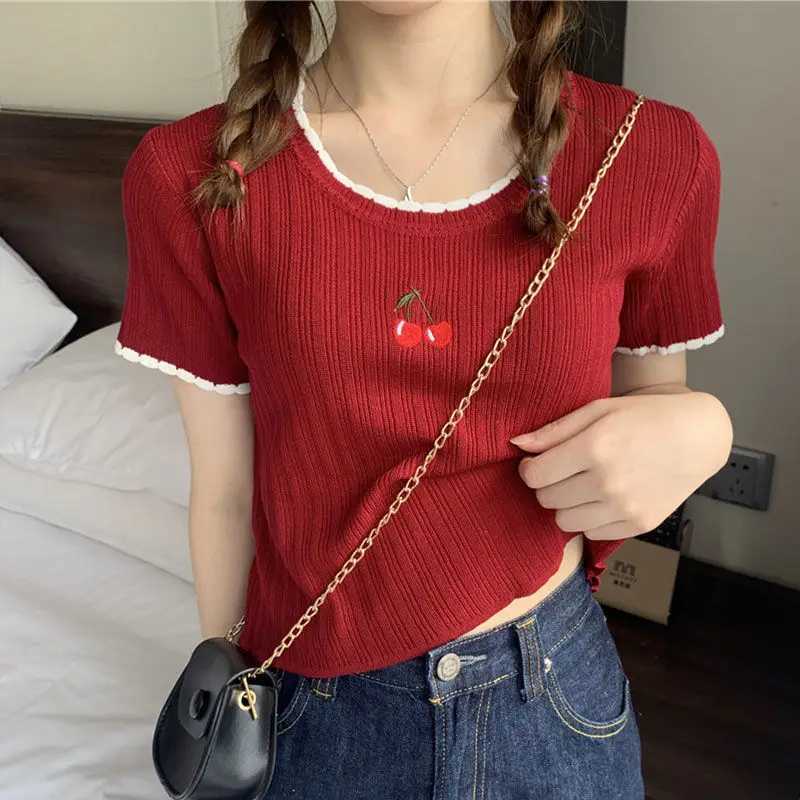 Women Summer Korean Fashion Embroidered Solid Color O-neck Women Clothes All-match Fashionable Slim Appear Thin Short Sleeve TopT260312