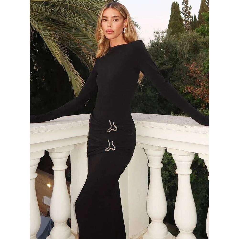 Leosoxs Elegant Vintage Dress Women Fall Flared Full Sleeve Metal Buckle Pleats Solid Casual Simple Trend Skinny Long Bodycon C260312