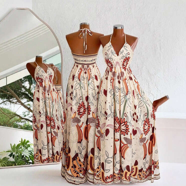 New European American women's fashion dress for commuting, with halter neck, hollow back, and patterned print, available in plus sizes